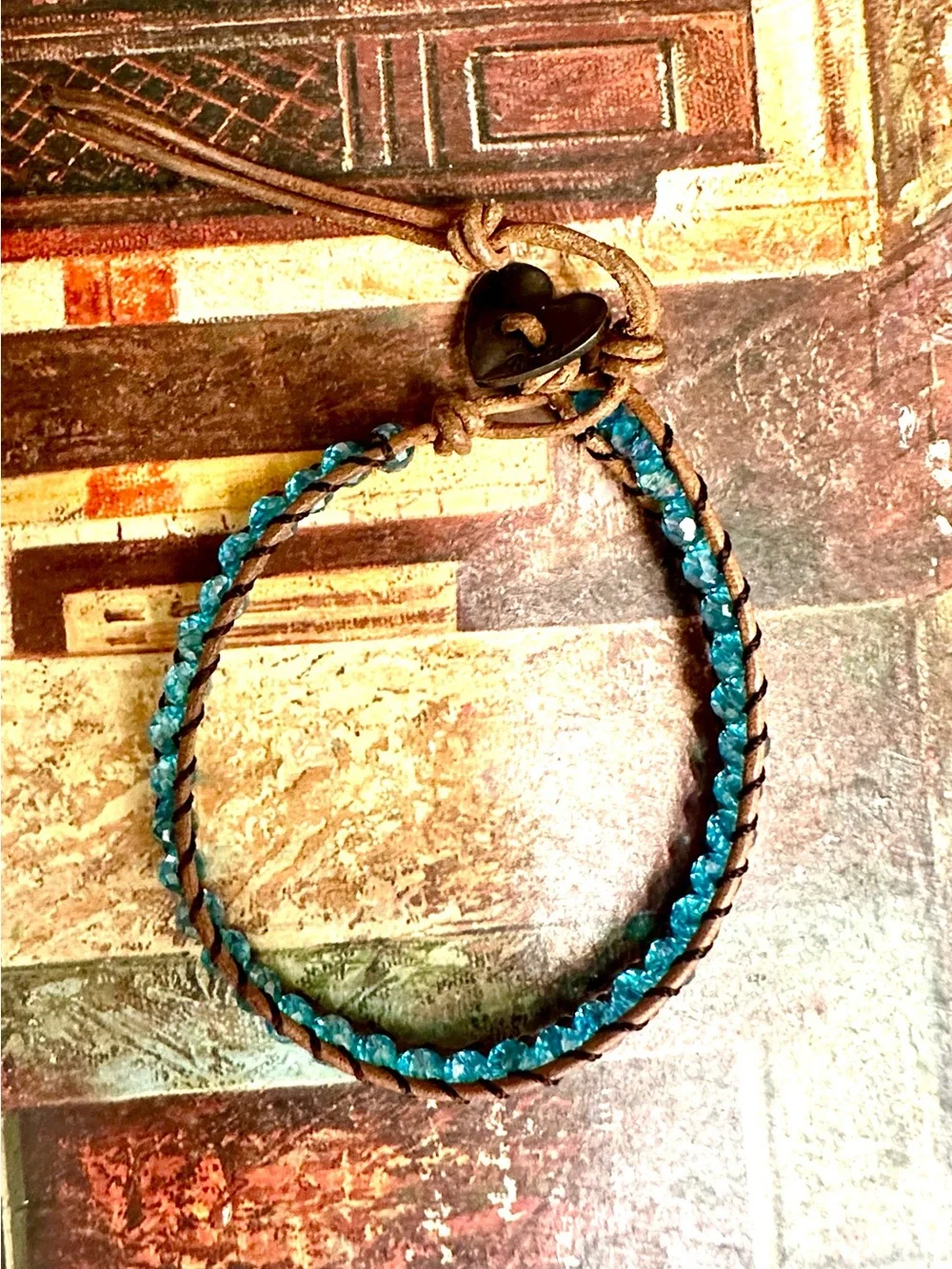 Teal Crystal Beaded Leather Wrap Bracelet